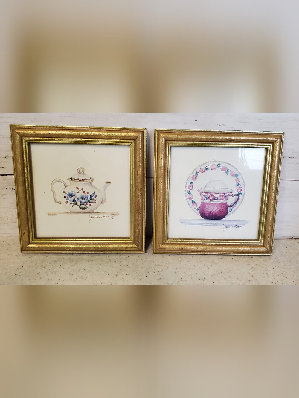 2 Jennie Lee Framed Teapot & Teacup Prints Gold Frames Cottagecore Grandmacore